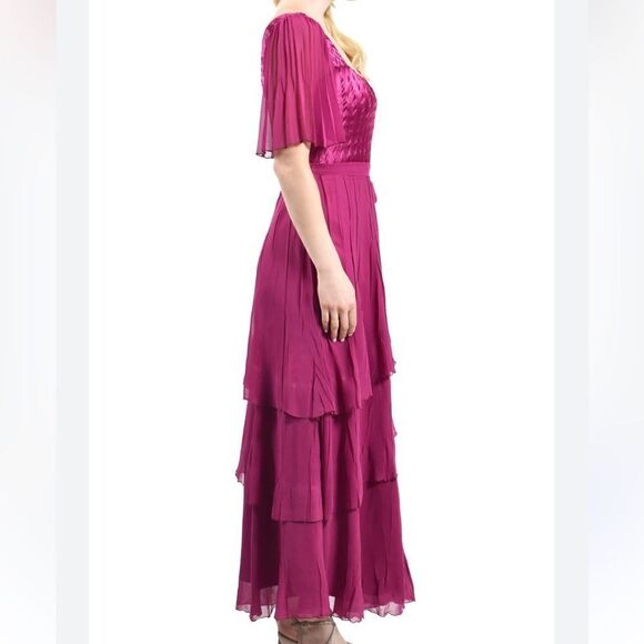 Komarov Women's Pink Flutter Sleeve Tiered Chiffon Maxi Dress small NWT $522 - Picture 5 of 9